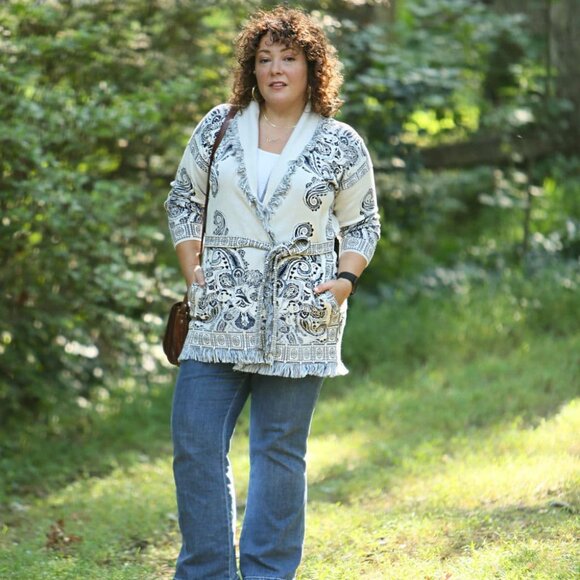 Sioni Paisley Jaquard Fringe Shawl Knit Sweater Cardigan - Picture 8 of 9